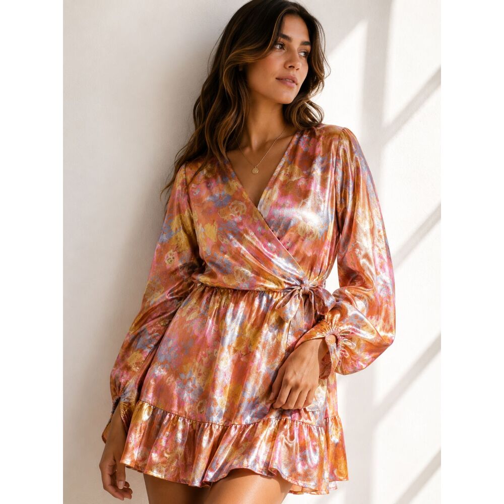 Peach Love CA Satin Wrap Dress Women’s L Multicolor Puff Sleeve Mini Boho Vibes
